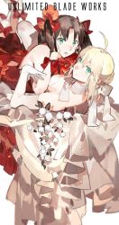 Rule 34 | 2girls, ahoge, artoria pendragon (all), artoria pendragon (fate), black hair, bow, dress, elbow gloves, fate/stay night, fate (series), gloves, green eyes, hair bow, jpeg artifacts, looking at viewer, lying on person, multiple girls, red dress, red gloves, saber (fate), short hair, simple background, starshadowmagician, tohsaka rin, two side up, white dress, white gloves, yuri