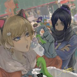 Rule 34 | 2girls, alternate costume, animal ears, animification, apex legends, black scarf, bloodhound (apex legends), blue gloves, blue sweater, cat ears, character doll, charm (object), covered mouth, crossed arms, earphones, earrings, fake animal ears, gloves, hair behind ear, hair ornament, highres, holding, jewelry, looking to the side, looking up, multiple girls, open mouth, purple nails, qie wu, scarf, sweater, wattson (apex legends), wraith (apex legends)