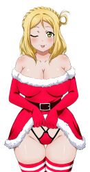 Rule 34 | 1girl, ;p, absurdres, bare shoulders, belt, bikini, bikini bottom only, black belt, blonde hair, box wonderland, breasts, cleavage, clothes lift, dress, dress lift, elbow gloves, fur-trimmed dress, fur trim, gloves, highres, large breasts, looking at viewer, love live!, love live! sunshine!!, ohara mari, one eye closed, red dress, red gloves, santa bikini, santa dress, short dress, solo, striped clothes, striped thighhighs, swimsuit, thighhighs, tongue, tongue out, yellow eyes