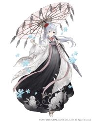 Rule 34 | 1girl, asymmetrical bangs, chinese clothes, choker, floral print, flower, full body, grey eyes, grey hair, hair flower, hair ornament, hanfu, highres, ji no, long hair, looking at viewer, official art, parasol, rose, sinoalice, snow white (sinoalice), snowflakes, solo, square enix, umbrella, white background, wide sleeves