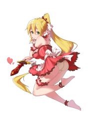 Rule 34 | 10s, 1girl, absurdres, alternate costume, ass, bare shoulders, barefoot, blonde hair, blush, bow, braid, breasts, chou shippai-saku, dress, elf, green eyes, hair between eyes, hair bow, hair ornament, heart, highres, holding, holding sword, holding weapon, large breasts, leafa, long hair, looking at viewer, panties, pointy ears, ponytail, ribbon, shiny skin, sideboob, simple background, skirt, smile, solo, sword, sword art online, thigh strap, underwear, valentine, very long hair, weapon, white background