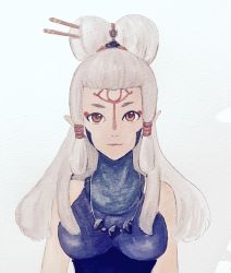 Rule 34 | 1girl, bare shoulders, beads, breasts, brown eyes, facial mark, forehead mark, hair beads, hair ornament, highres, jewelry, long hair, looking at viewer, makeup, mascara, necklace, nintendo, paya (zelda), pointy ears, smile, solo, the legend of zelda, the legend of zelda: breath of the wild, turtleneck, upper body