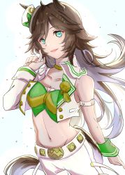 Rule 34 | 1girl, 7nosuke, :o, absurdres, animal ears, arm strap, bare shoulders, blue eyes, bow, breasts, brown hair, choker, cleavage, collarbone, commentary, cowboy shot, crop top, green bow, green shirt, groin, hat, hat bow, highres, horse ears, jacket, long hair, long sleeves, looking at viewer, medium breasts, midriff, mini hat, mini top hat, mr. c.b. (umamusume), navel, open clothes, open jacket, pants, parted lips, shirt, single sleeve, solo, stomach, strapless, strapless shirt, tail, top hat, umamusume, very long hair, white hat, white jacket, white pants, wrist cuffs, yellow choker