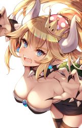Rule 34 | 1girl, aoi (kirabosi105), black nails, blonde hair, blue eyes, bowsette, bracelet, breasts, cleavage, collar, commentary request, crown, earrings, eyebrows, fingernails, hair between eyes, horns, jewelry, large breasts, long fingernails, long hair, looking at viewer, mario (series), nail polish, new super mario bros. u deluxe, nintendo, open mouth, ponytail, sharp teeth, simple background, solo, spiked bracelet, spiked collar, spikes, super crown, teeth, white background