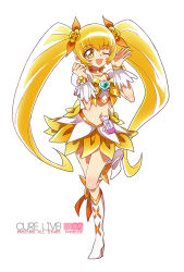 Rule 34 | 10s, 1girl, ;d, blonde hair, boots, bow, brooch, choker, crop top, cure sunshine, flower, full body, hair bow, hair flower, hair ornament, heart, heart brooch, heartcatch precure!, hoshi (xingspresent), jewelry, knee boots, long hair, magical girl, midriff, myoudouin itsuki, navel, one eye closed, open mouth, orange bow, precure, skirt, smile, solo, standing, standing on one leg, twintails, white background, white footwear, wrist cuffs, yellow bow, yellow eyes, yellow skirt