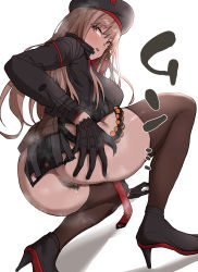 Rule 34 | 1girl, ass, back, beret, black footwear, black gloves, blush, breasts, brown eyes, brown hair, bullet, censored, female pubic hair, gloves, goddess of victory: nikke, hand on own ass, hat, high heels, highres, kneeling, large breasts, long hair, looking at viewer, mismatched pubic hair, mosaic censoring, no panties, open mouth, pouch, pubic hair, pussy, rapi (nikke), solo, takeura