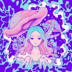 Rule 34 | 1girl, black eyes, blue background, blue hair, closed mouth, collarbone, cropped torso, eyelashes, gradient background, highres, leaf, lips, long hair, looking at viewer, morry369, mushroom, original, smile, smoke, solo, very long hair