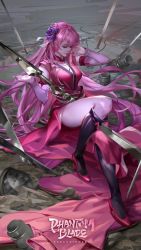 Rule 34 | 1girl, absurdres, black socks, chinese clothes, closed mouth, cup, detached collar, detached sleeves, dress, closed eyes, flower, full body, hair flower, hair ornament, hanfu, high heels, highres, libing, long hair, mu xiaokui (phantom blade), mug, phantom blade (game), pink dress, pink hair, planted, planted sword, planted weapon, second-party source, sitting, socks, solo, sword, thighhighs, weapon