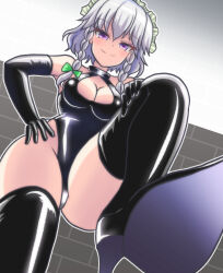 Rule 34 | 1girl, black gloves, bondage outfit, boots, braid, breasts, cleavage, dominatrix, elbow gloves, femdom, gloves, grey hair, hand on own hip, izayoi sakuya, maid, maid headdress, medium breasts, pink eyes, sae (minamina3737), smile, solo, thigh boots, touhou, twin braids