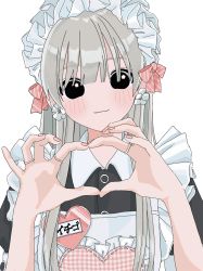 Rule 34 | 1girl, black eyes, blush, bow, closed mouth, earrings, fingernails, flower, flower earrings, grey background, grey hair, hamafugu, heart, heart hands, highres, jewelry, long hair, maid, maid headdress, nail polish, name tag, original, pink bow, pink nails, plaid, simple background, smile, solo, striped, striped bow, upper body, white flower