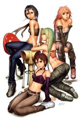 Rule 34 | 4girls, alternate costume, arm support, bare shoulders, belt, between legs, boots, breasts, capcom, casual, chain, choker, cleavage, company connection, contemporary, crop top, crossover, denim, detached sleeves, final fight, hand between legs, highres, jeans, justice gakuen, kasugano sakura, kazama akira, kneeling, large breasts, long hair, looking back, medium breasts, midriff, morrigan aensland, multiple crossover, multiple girls, pants, poison (final fight), saejin oh, scarf, shoes, sitting, sneakers, street fighter, tattoo, vampire (game), wariza