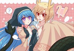 Rule 34 | !?, 2girls, ?, absurdres, antlers, apron, aqua headwear, blonde hair, blue hair, blue shirt, blush, bow, bowtie, breasts, bright pupils, carrying, chinese commentary, commentary request, dragon tail, dress, film grain, frilled apron, frills, haniyasushin keiki, highres, horns, juliet sleeves, kicchou yachie, long dress, long hair, long sleeves, mask (boring mask), multiple girls, open mouth, princess carry, puffy sleeves, purple hair, red bow, red bowtie, red eyes, shirt, short hair, slit pupils, small breasts, spoken question mark, star (symbol), sweat, tail, touhou, white pupils, wide sleeves