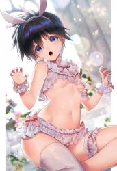 Rule 34 | 1girl, :o, animal ears, bad id, bad twitter id, bare shoulders, black hair, blue eyes, blurry, breasts, bridal garter, commentary request, depth of field, fake animal ears, frilled panties, frills, genderswap, genderswap (mtf), groin, hair between eyes, hairband, hands up, head tilt, highres, houshin engi, lens flare, light particles, looking at viewer, mimoza (96mimo414), navel, open mouth, panties, pink ribbon, pom pom (clothes), rabbit ears, ribbon, ribbon trim, short hair, sidelocks, single thighhigh, small breasts, solo, stomach, taikoubou, teeth, thighhighs, thighs, underwear, underwear only, upper teeth only, white hairband, white thighhighs, wrist cuffs