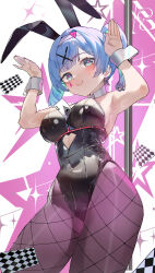 Rule 34 | 1girl, absurdres, ace (playing card), ace of spades, animal ears, armpits, arms up, between breasts, black leotard, black pantyhose, blue eyes, blue hair, blush, breasts, card, card between breasts, closed mouth, clothing cutout, commentary request, contrapposto, detached collar, fake animal ears, fishnet pantyhose, fishnets, from below, hatsune miku, heart, heart-shaped pupils, heart cutout, highleg, highleg leotard, highres, hui zhong zhi meng, large breasts, legs apart, leotard, looking at viewer, pantyhose, playboy bunny, playing card, pole, rabbit ears, rabbit hole (vocaloid), rabbit pose, short hair, short twintails, smile, solo, spade (shape), stomach cutout, stripper pole, symbol-shaped pupils, teardrop facial mark, thighs, twintails, vocaloid, white wrist cuffs, wrist cuffs