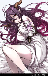 Rule 34 | 10s, 1girl, 2015, antenna hair, artist name, bandaged arm, bandages, bare legs, between breasts, breasts, cleavage, covered erect nipples, danua, dated, draph, dress, female focus, finger to mouth, gradient background, granblue fantasy, hair between eyes, highres, horns, kuronuko neero, large breasts, long hair, lying, on side, pale skin, pointy ears, purple hair, red eyes, solo, tareme, thumb to mouth, white dress