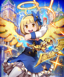 Rule 34 | &gt;:d, 1girl, :d, ahoge, blonde hair, blue bow, blue dress, blush, bob cut, bow, brown hair, building, card, company name, detached sleeves, dress, duel disk, ephemera, flat chest, frilled sleeves, frills, gauntlets, glowing, glowing wings, hairband, halo, highres, holding, official art, okada manabi, open mouth, pantyhose, parody, playing card, shingeki no bahamut, short hair, smile, solo, strapless, strapless dress, v-shaped eyebrows, watermark, white pantyhose, wings, yu-gi-oh!