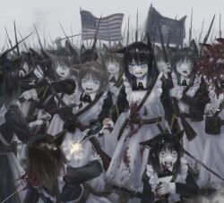 Rule 34 | 6+girls, american flag, animal ears, antique firearm, apron, battle, bayonet, belt pouch, black dress, black hair, blood, blood on clothes, blood on face, blue eyes, brown hair, clenched teeth, colt 1851 navy, commentary, death, dirty, dirty clothes, diu9you, dress, drooling blood, english commentary, firearm, firing, flag, frilled apron, frills, gold trim, green eyes, grey eyes, grey hair, gun, guro, hand on own chest, handgun, highres, long hair, maid, medium hair, military, multiple girls, musket, open mouth, original, pouch, revolver, saber (weapon), scared, sword, teeth, thousand yard stare, weapon, weapon request, white apron, wolf ears, wolf girl, yellow eyes