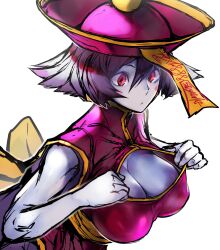 Rule 34 | 1girl, bare arms, blue skin, breasts, cleavage, cleavage cutout, closed mouth, clothing cutout, colored skin, covered erect nipples, flipped hair, hair between eyes, hat, highres, jiangshi, large breasts, lei lei, nishiide kengorou, ofuda, pink hat, purple hair, qingdai guanmao, red eyes, short hair, simple background, sketch, solo, turtleneck, upper body, vampire (game), white background, zombie