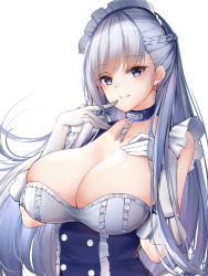 Rule 34 | 1girl, azur lane, bare shoulders, belfast (azur lane), blue eyes, braid, breasts, broken, broken chain, chain, chain, chixiao, cleavage, collar, dress, finger to mouth, french braid, frilled dress, frills, gloves, hand on breast, highres, large breasts, long hair, looking at viewer, maid, maid headdress, silver hair, smile, solo, very long hair, white gloves