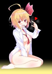 Rule 34 | 1girl, ahoge, barefoot, between breasts, between legs, black background, blonde hair, blush, breasts, cum, cum string, dress shirt, fang, full body, gradient background, hair ribbon, hand between legs, hand up, heart, highres, long sleeves, looking at viewer, medium breasts, naked shirt, navel, necktie, necktie between breasts, open clothes, open mouth, open shirt, red eyes, red necktie, red ribbon, ribbon, rumia, rurisakura, seiza, shirt, sitting, smile, solo, touhou, white shirt, yellow background