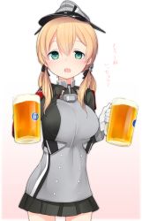 Rule 34 | 10s, 1girl, alcohol, anchor hair ornament, bad id, bad pixiv id, beer, beer mug, blonde hair, blush, breasts, cup, gloves, hair ornament, hat, kantai collection, large breasts, long hair, long sleeves, looking at viewer, microskirt, military, military uniform, mug, nekoume, open mouth, peaked cap, prinz eugen (kancolle), skirt, solo, translated, twintails, uniform, white gloves
