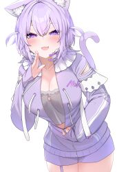 Rule 34 | 1girl, absurdres, ahoge, animal ear fluff, animal ears, aurahman, black shirt, blush, breasts, cat cutout, cat ears, cat girl, cat tail, cleavage, clothing cutout, fang, hand in pocket, highres, hololive, jacket, large breasts, looking at viewer, medium hair, nekomata okayu, nekomata okayu (membership), official alternate costume, open mouth, purple eyes, purple hair, purple jacket, purple shorts, shirt, shorts, smile, solo, tail, two side up, unzipped, virtual youtuber, white background