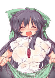 Rule 34 | 1girl, :d, black hair, blush, bow, breasts, clothes lift, closed eyes, female focus, hair bow, happy, large breasts, long hair, muuba, no bra, open mouth, puffy short sleeves, puffy sleeves, reiuji utsuho, see-through, short sleeves, skirt, skirt lift, smile, solo, suggestive fluid, third eye, touhou, very long hair, wet