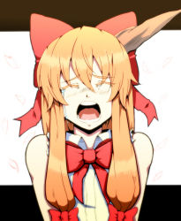 Rule 34 | 1girl, bow, cherry blossoms, colored eyelashes, crying, closed eyes, face, female focus, fujimako, hair bow, highres, horns, ibuki suika, long hair, open mouth, orange hair, single horn, solo, tears, touhou, very long hair