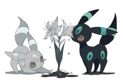 Rule 34 | alternate color, brown eyes, commentary, creatures (company), flower, game freak, gen 2 pokemon, grey flower, looking at flowers, looking up, nintendo, no humans, oimo kenpi, pokemon, pokemon (creature), standing, star (symbol), symbol-only commentary, umbreon, white background