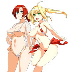 Rule 34 | 2girls, ahoge, bikini, blonde hair, blue eyes, blush, boudica (fate), breasts, cameltoe, cleavage, closed mouth, commentary request, covered erect nipples, earrings, fate/grand order, fate (series), front-tie top, gluteal fold, green eyes, hair between eyes, halterneck, haruhisky, highres, jewelry, large breasts, long hair, looking at viewer, micro bikini, multiple girls, navel, nero claudius (fate), nero claudius (fate) (all), nero claudius (swimsuit caster) (fate), o-ring, o-ring bikini, open mouth, ponytail, red hair, shiny skin, short hair, simple background, smile, standing, standing on one leg, striped bikini, striped clothes, swimsuit, teeth, twintails, white background, white bikini