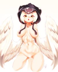 Rule 34 | 1girl, absurdres, albalebiyu (master nabesama), breasts, commentary request, covered erect nipples, detached hood, eyes visible through hair, feathered wings, feathers, female pubic hair, hair between eyes, harpy, highres, hood, hood up, master nabesama, medium breasts, monster girl, navel, nude, open mouth, original, pubic hair, short hair, solo, white background, white feathers, white hair, winged arms, wings, yellow eyes