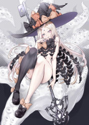Rule 34 | 1girl, abigail williams (fate), abigail williams (second ascension) (fate), absurdres, bare shoulders, black bow, black footwear, black hat, black thighhighs, blonde hair, bow, cno, fate/grand order, fate (series), grey eyes, hat, highres, holding, key, keyhole, large hat, long hair, orange bow, parted lips, pink lips, polka dot, polka dot bow, slit pupils, smile, solo, stuffed animal, stuffed toy, tentacles, thighhighs, witch hat