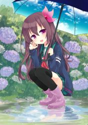 Rule 34 | 10s, 1girl, black thighhighs, boots, brown hair, crescent, crescent pin, flower, green skirt, hair ornament, head tilt, hydrangea, jacket, kantai collection, kisaragi (kancolle), kisaragi kai ni (kancolle), long hair, looking at viewer, nagasioo, open mouth, pink footwear, pleated skirt, puddle, red eyes, reflection, rubber boots, school uniform, serafuku, skirt, solo, squatting, thighhighs, umbrella, water
