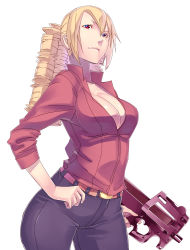 Rule 34 | 1girl, absurdres, belt, blonde hair, breasts, bullpup, cleavage, drill hair, gun, hand on own hip, highres, hip focus, karasuma kyouko no jikenbo, large breasts, long hair, p90, pants, personal defense weapon, popped collar, red eyes, shiny skin, simple background, sleeves rolled up, solo, standing, submachine gun, sugiura miki, twin drills, velzhe, weapon, white background