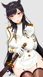 Rule 34 | 1girl, animal ears, atago (azur lane), azur lane, black hair, breasts, closed mouth, commentary, garter straps, gloves, grey background, highres, holding, holding sword, holding weapon, large breasts, long hair, looking at viewer, megaoden, mole, mole under eye, sheath, sheathed, smile, solo, swept bangs, sword, thighhighs, very long hair, weapon, white gloves