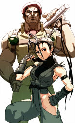 Rule 34 | 1990s (style), 1boy, 1girl, age difference, antenna hair, armor, bare shoulders, beret, black eyes, black hair, capcom, elbow gloves, explosive, final fight, fingerless gloves, gloves, grenade, hand on own hip, hat, height difference, hip focus, hip vent, ibuki (street fighter), japanese armor, kote, long hair, military, muscular, ninja, no pupils, oetaro, ponytail, retro artstyle, rolento, scar, size difference, stick, street fighter, street fighter iii (series), street fighter x tekken, street fighter zero (series), white background, white eyes