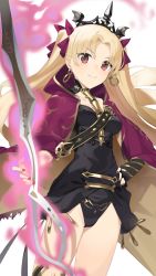 Rule 34 | &gt;:), 1girl, arm guards, between breasts, black leotard, black nails, blonde hair, blush, bow (weapon), breasts, cape, closed mouth, collarbone, cowboy shot, earrings, ereshkigal (fate), fate/grand order, fate (series), glowing, glowing weapon, gold trim, hair ribbon, hand on own hip, hayashi kewi, hoop earrings, jewelry, leotard, long hair, medium breasts, nail polish, parted bangs, purple cape, purple ribbon, red eyes, ribbon, shiny skin, simple background, solo, standing, straight hair, strap between breasts, thigh strap, thighs, tiara, tohsaka rin, v-shaped eyebrows, very long hair, weapon, white background