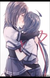 Rule 34 | 10s, 2015, 2girls, ahoge, bandages, black hair, black legwear, blush, bodysuit, border, brown eyes, brown hair, dated, elbow gloves, french kiss, furutaka (kancolle), gloves, hair ornament, hairclip, hand under clothes, hand under shirt, hug, kabocha torute, kako (kancolle), kantai collection, kiss, letterboxed, long hair, looking at another, md5 mismatch, messy hair, miniskirt, multiple girls, neckerchief, parted bangs, pleated skirt, profile, school uniform, serafuku, shirt, short hair, simple background, single elbow glove, single thighhigh, sitting, sitting on person, skirt, thighhighs, tongue, tongue out, twitter username, yuri