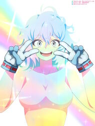 Rule 34 | 1girl, absurdres, ahoge, aqua gloves, artist name, blue eyes, boku no hero academia, breasts, casual nudity, clenched hands, unworn clothes, collarbone, double v, eyelashes, facing viewer, female focus, gloves, gradient background, gradient hair, green hair, hagakure tooru, hair between eyes, hands up, happy, highres, iharuluna, invisible, looking at viewer, medium breasts, medium hair, messy hair, multicolored background, multicolored hair, neck, no nipples, nude, open mouth, rainbow background, sidelocks, smile, standing, topless frame, see-through body, upper body, v