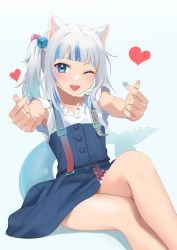Rule 34 | 1girl, absurdres, animal ears, asymmetrical hair, blue background, blue dress, blue eyes, blue hair, blue nails, blunt bangs, blush, cat ears, chinese commentary, commentary, cowboy shot, crossed legs, cube hair ornament, dress, english commentary, fins, fish tail, flat chest, foreshortening, gawr gura, gawr gura (casual), gou d, hair ornament, heart, highres, hololive, hololive english, index finger raised, kemonomimi mode, looking at viewer, medium hair, mixed-language commentary, multicolored hair, nail polish, official alternate costume, one eye closed, open mouth, outstretched arms, shark tail, sharp teeth, shirt, side ponytail, simple background, sitting, sleeveless, sleeveless dress, sleeveless shirt, smile, solo, streaked hair, tail, teeth, thighs, two-tone hair, virtual youtuber, white hair, white shirt