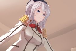 Rule 34 | 10s, 1girl, blue eyes, blush, breasts, epaulettes, female focus, hat, highres, kantai collection, kashima (kancolle), large breasts, long hair, looking at viewer, military, military uniform, sakunohi c moon, silver hair, smile, solo, twintails, uniform