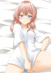 Rule 34 | 1girl, borrowed clothes, breasts, covering crotch, covering privates, crossed bangs, hair between eyes, highres, inui sajuna, long hair, looking at viewer, lying, on back, on bed, panties, pink eyes, pink hair, purple eyes, sano souichi, shirt, small breasts, solo, sono bisque doll wa koi wo suru, striped clothes, striped panties, t-shirt, underwear, white shirt