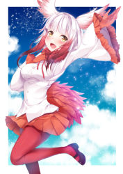 Rule 34 | 10s, 1girl, :d, bird tail, black footwear, blouse, blue sky, blunt bangs, blush, cloud, cloudy sky, commentary, day, fur collar, gloves, hand on own chest, head wings, japanese crested ibis (kemono friends), kemono friends, long sleeves, looking at viewer, mary janes, murasakio, open mouth, pantyhose, pleated skirt, red gloves, red pantyhose, red skirt, shirt, shoes, short hair, skirt, sky, smile, solo, standing, standing on one leg, tail, wide sleeves, wings, yellow eyes