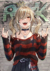 Rule 34 | 1girl, :d, \n/, ahoge, belt, belt chain, black choker, black nails, black ribbon, black skirt, black sweater, brown eyes, brown hair, chain, chain necklace, choker, double n/, emo fashion, feathers, graffiti, hair over one eye, hair ribbon, heart, heart choker, highres, hololive, hololive english, huge ahoge, jewelry, lace-trimmed choker, lace trim, looking at viewer, multicolored hair, nanashi mumei, nanashi mumei (emo), necklace, open mouth, plaid, plaid skirt, pleated skirt, red skirt, red sweater, ribbon, skirt, smile, stone wall, streaked hair, striped clothes, striped sweater, sweater, sweater partially tucked in, teeth, tight (ohmygod), torn clothes, torn sweater, twintails, two-tone sweater, upper teeth only, virtual youtuber, wall