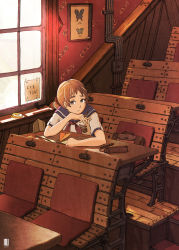 Rule 34 | 1girl, bag, blue sailor collar, brown eyes, brown hair, bug, butterfly, chair, highres, indoors, insect, inukoko, original, paper, paper airplane, sailor collar, shirt, short hair, short sleeves, solo, upper body, white shirt, window