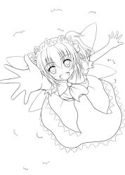 Rule 34 | 1girl, blush, fang, female focus, from above, greyscale, lineart, looking at viewer, monochrome, monochrome, open mouth, smile, solo, sunny milk, tenpuu yuu, touhou, wings
