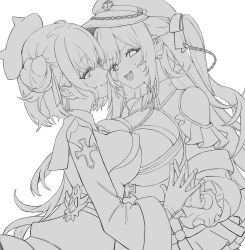 Rule 34 | 2girls, absurdres, asymmetrical docking, azur lane, bad id, bad twitter id, bare shoulders, breast press, breasts, chain, cross, elbe (azur lane), fang, finger touching, freng, frilled skirt, frills, from side, gloves, greyscale, hair bun, hat, hat horns, highres, iron cross, jade (azur lane), large breasts, long hair, long sleeves, looking at viewer, monochrome, multiple girls, open mouth, peaked cap, short hair, sketch, skin fang, skirt, smile, sweatdrop, two side up