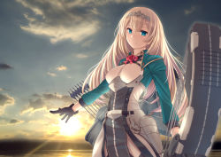 Rule 34 | 1girl, arrow (projectile), black gloves, blonde hair, blue eyes, bow (weapon), breasts, cloud, compound bow, flower, gloves, hair between eyes, holding, holding weapon, kantai collection, long hair, medium breasts, ocean, outdoors, parted lips, quiver, red flower, red rose, rigging, rose, ryu-akt, sky, solo, sunrise, tiara, victorious (kancolle), water, weapon
