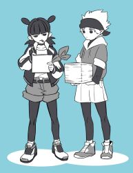 Rule 34 | 2boys, arm scarf, blue background, character request, double bun, full body, greyscale, greyscale with colored background, hair bun, highres, holding, holding paper, hood, hoodie, jacket, leggings under shorts, luo xiaohei zhanji, monochrome, multiple boys, nezha (the legend of luoxiaohei), nploser, paper, paper stack, shirt, shoes, shorts, simple background, sneakers