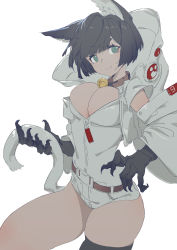 Rule 34 | 1girl, absurdres, animal ears, black gloves, black hair, bob cut, breasts, cat ears, cat girl, cat tail, cleavage, closed mouth, gloves, green eyes, highres, huang (volt0526), looking at viewer, medium breasts, neck bell, original, short hair, short shorts, shorts, simple background, smile, tail, thighs, white background